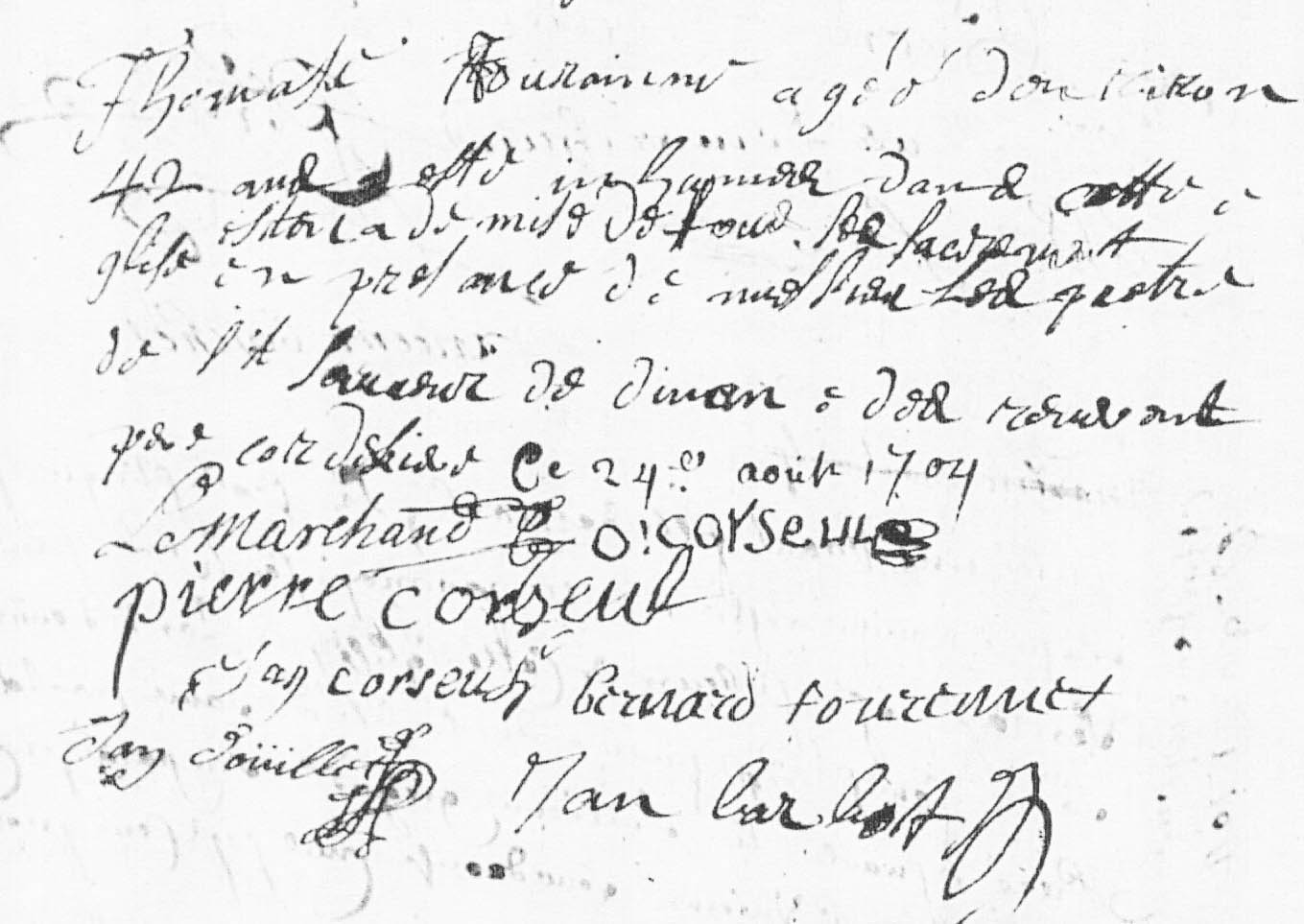 Signatures d'Olivier Corseul  et de ses enfants au dcs de Thomasse Touraine